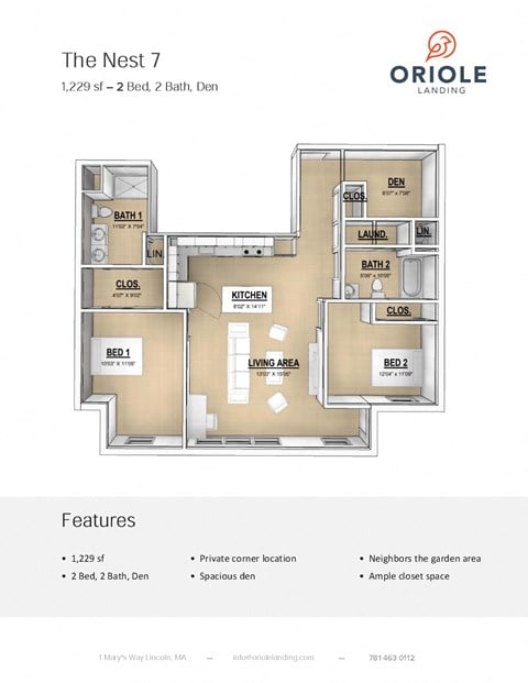 Floor plan for 2 beds, 2 baths, 1229 sqft
